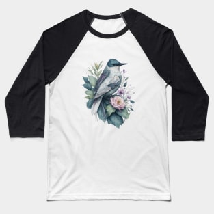 Little Bird around Flowers: Scattered Watercolor in Pastel Colors Baseball T-Shirt